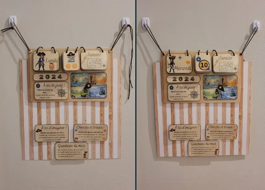 Calendrier perpétuel pirate - Ajustement et rendu Placer sur les crochets et ajuster - Calendrier perpétuel pirate