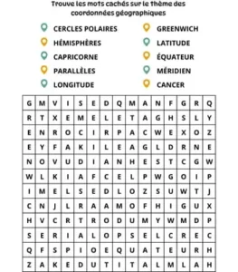 Jeu mots cachés à imprimer - Coordonnées géographiques - N2 - vig