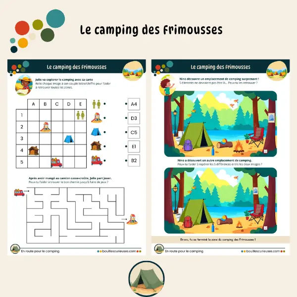 Activités enfant 3 à 5 ans - Thème : Le camping - Les activités : labyrinthe, 5 erreurs, grilles lettre et chiffre