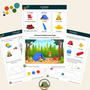 Apprendre et reconnaître les couleurs rouge, bleu, jaune - Thème du camping