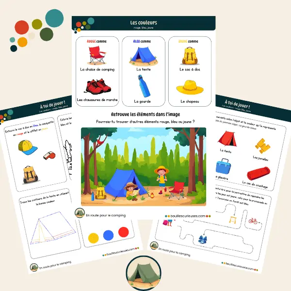 Apprendre les couleurs rouge, bleu, jaune - Thème du camping Apprendre et reconnaître les couleurs rouge, bleu, jaune - Thème du camping