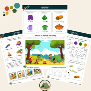 Apprendre et reconnaître les couleurs violet, vert et orange - Thème du camping