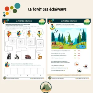 Activités enfant 3 à 6 ans - Thème camping : Les activités de la forêt : tracés, couleurs, ordre de l'histoire, vrai et faux