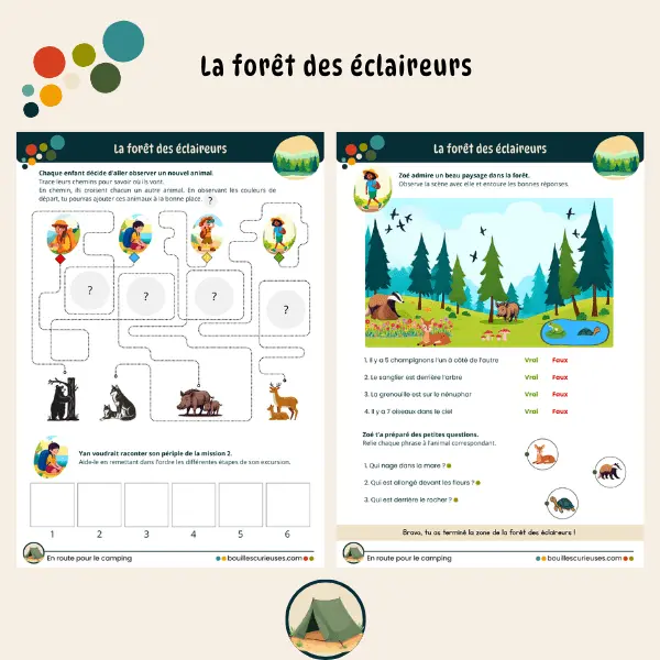 Activités enfant 3 à 6 ans - Thème camping : Les activités de la forêt : tracés, couleurs, ordre de l'histoire, vrai et faux