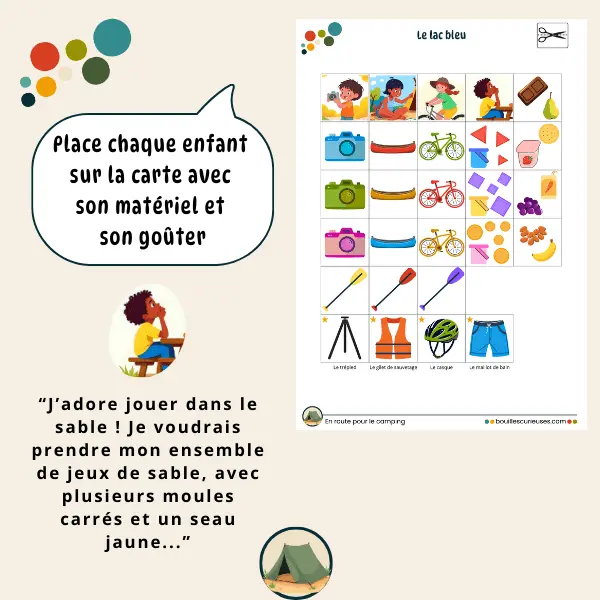 Activités enfant 3 à 5 ans - Thème camping : Le lac bleu - Vignettes de jeu