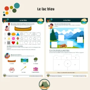 Activités enfant 3 à 5 ans - Thème camping : Le lac bleu - Les activités : puzzle, frise et lettre A