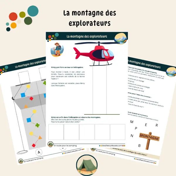 Activités enfant 3 à 6 ans - Thème camping : Les activités de la montagne : tracés, couleurs, reconnaissance des lettres, de petit à grand