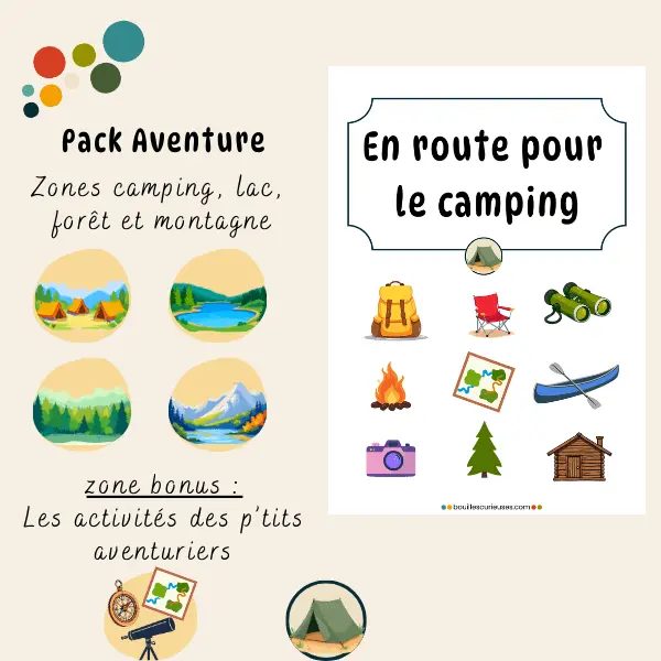 Pack Aventure : Activités camping, lac, forêt, montagne et zone bonus enfant 3 à 6 ans