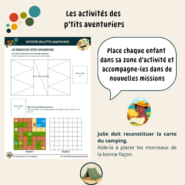 Activité enfant 3 à 6 ans - Thème : Le camping - zone d'activités puzzle et reconstitution