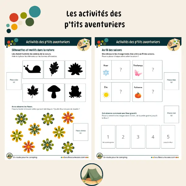 Activité enfant 3 à 6 ans - Thème : Le camping - zone d'activités : ombres, paires, saisons et ordre des images