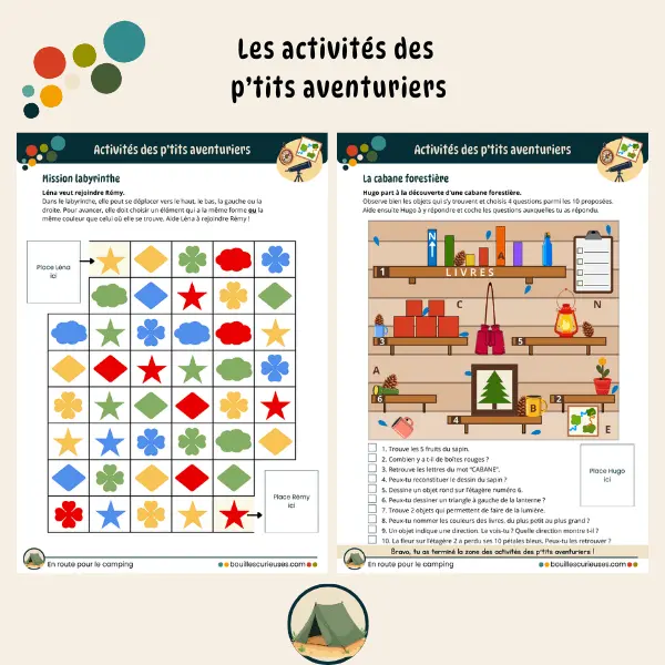 Activité enfant 3 à 6 ans - Thème : Le camping - zone d'activités : formes, couleurs, chemin et image avec un multi-jeu