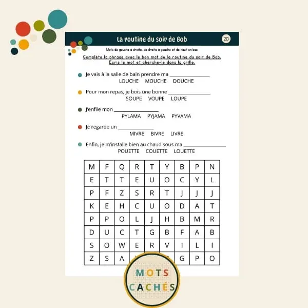 Grilles de mots cachés - À petits pas 02 - Page défi - La routine du soir de Bob - Mot à écouter et à écrire