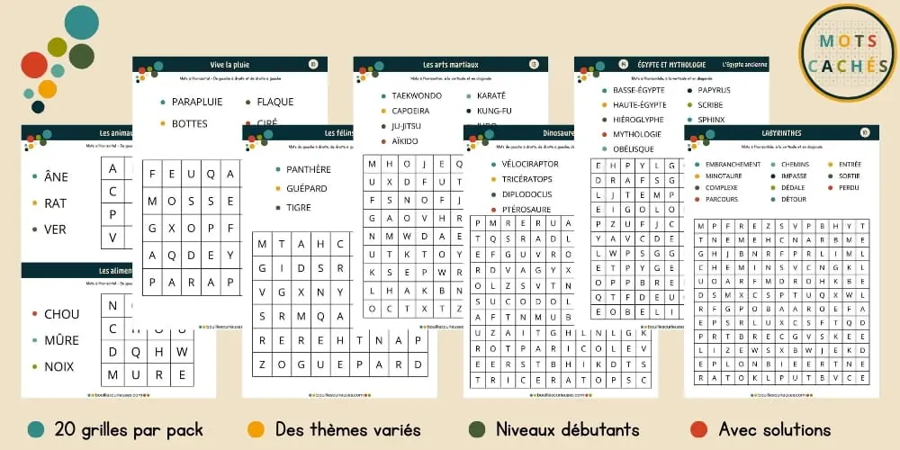 Grilles de mots cachés enfant et débutant Bandeau activité boutique - Grilles de mots cachés enfant