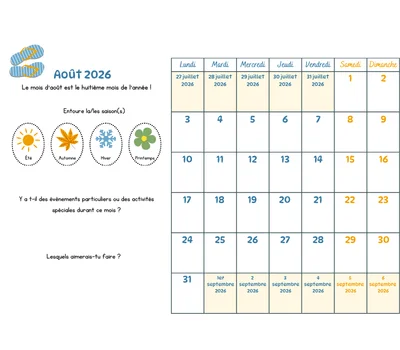 Calendrier du mois à remplir avec les enfants - Août 2026