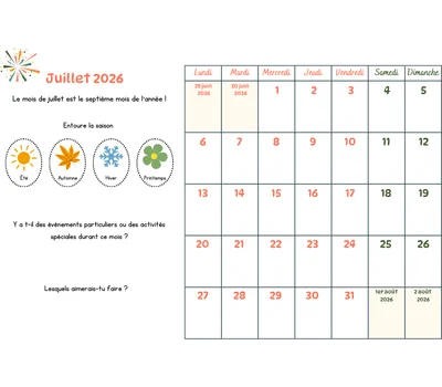 Calendrier du mois à remplir avec les enfants - juillet 2026