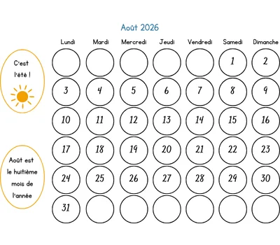 Calendrier août 2026 à colorier