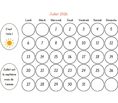 Calendrier juillet 2026 à colorier