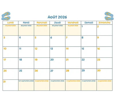 Calendrier du mois à imprimer - Août 2026