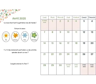Calendrier du mois à imprimer - avril 2025 Calendrier du mois à cocher avec les enfants - avril 2025
