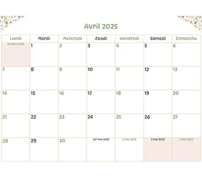 Calendrier du mois - avril 2025 Calendrier du mois à imprimer - avril 2025