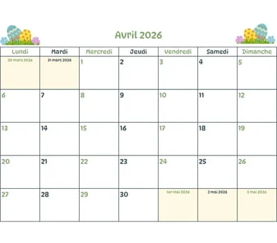 Calendrier du mois à imprimer - avril 2026