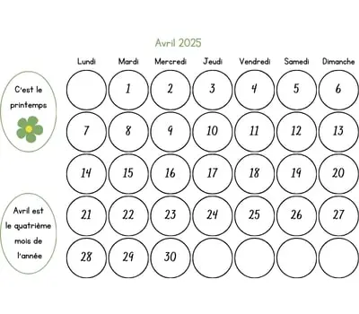Calendrier avril 2025 à colorier Calendrier avril 2025 à colorier