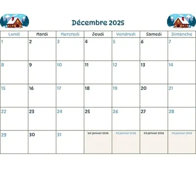 Calendrier du mois - décembre 2025 Calendrier du mois à imprimer - décembre 2025