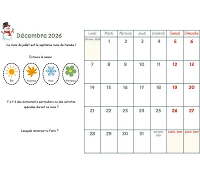 Calendrier décembre 2026 à cocher avec les enfants - Activité pédagogique