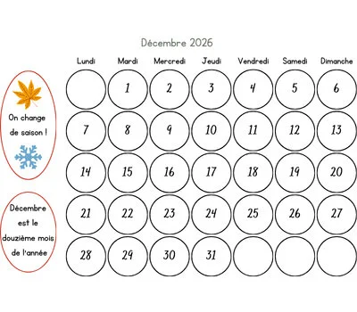 Calendrier décembre 2026 à colorier avec les enfants