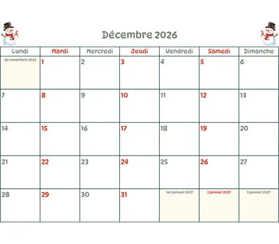 Calendrier décembre 2026 - Planification et organisation du mois