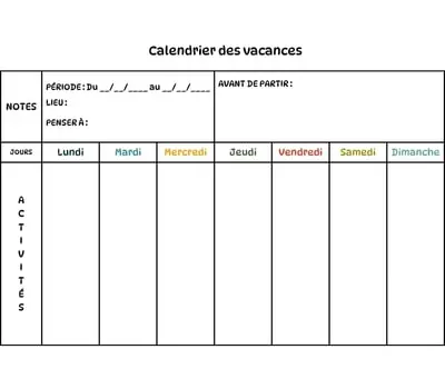 Planning - Organisation des vacances Calendrier de l'organisation des vacances à imprimer