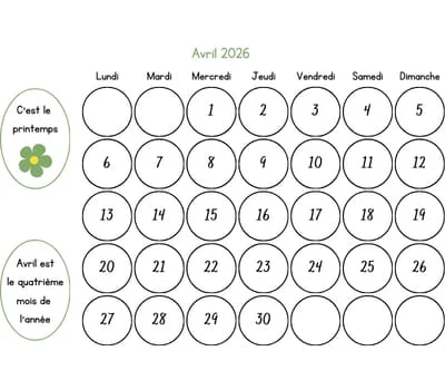 Calendrier avril 2026 à colorier