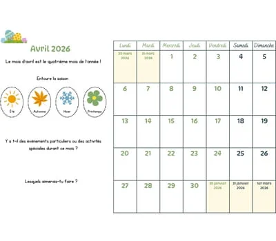 Calendrier du mois à cocher avec les enfants - avril 2026