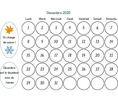 Calendrier décembre 2025 à colorier Calendrier décembre 2025 à colorier