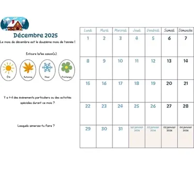 Calendrier du mois à cocher - décembre 2025 Calendrier du mois à cocher avec les enfants - décembre 2025