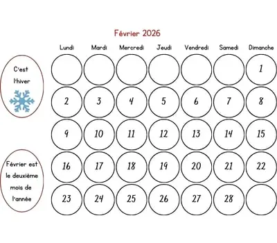Calendrier février 2026 à colorier