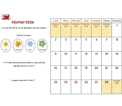 Calendrier du mois à cocher avec les enfants - février 2026