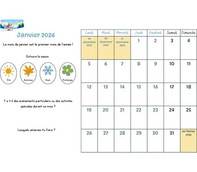Calendrier du mois à cocher avec les enfants - janvier 2026