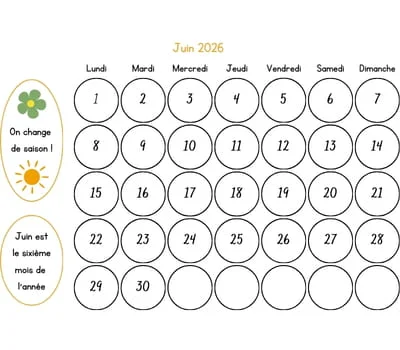 Calendrier juin 2026 à colorier