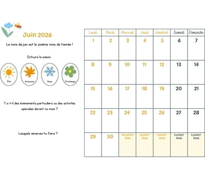 Calendrier du mois à cocher avec les enfants - juin 2026