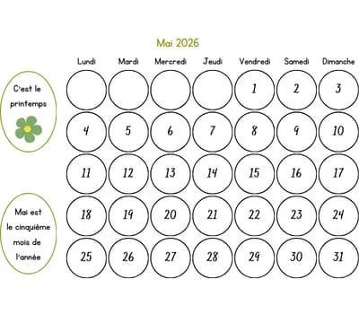 Calendrier mai 2026 à colorier
