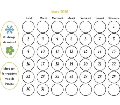 Calendrier mars 2026 à colorier
