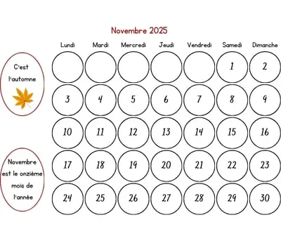 Calendrier novembre 2025 à colorier Calendrier novembre 2025 à colorier
