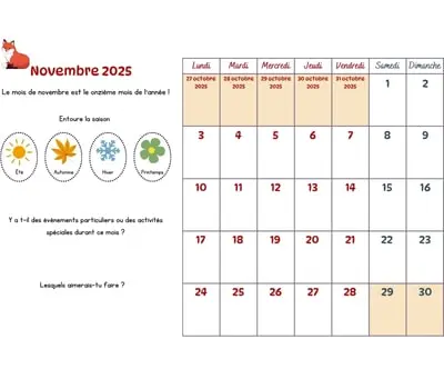 Calendrier du mois à cocher - novembre 2025 Calendrier du mois à cocher avec les enfants - novembre 2025