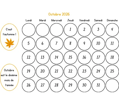 Calendrier octobre 2026 à colorier Calendrier octobre 2026 à colorier