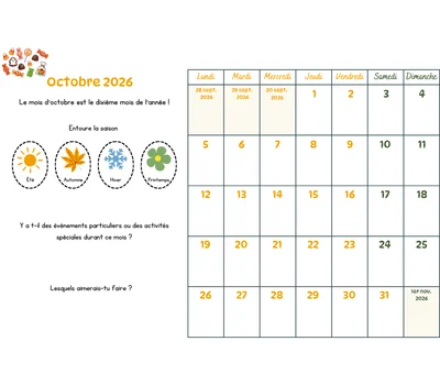 Calendrier du mois à colorier - octobre 2026 Calendrier du mois à remplir avec les enfants - octobre 2026