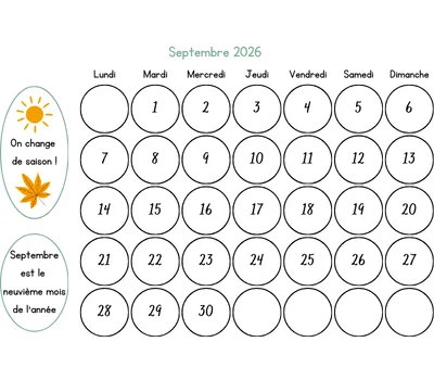Calendrier septembre 2026 à colorier Calendrier septembre 2026 à colorier