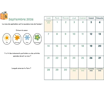 Calendrier du mois à remplir avec les enfants - septembre 2026 Calendrier du mois à remplir avec les enfants - septembre 2026