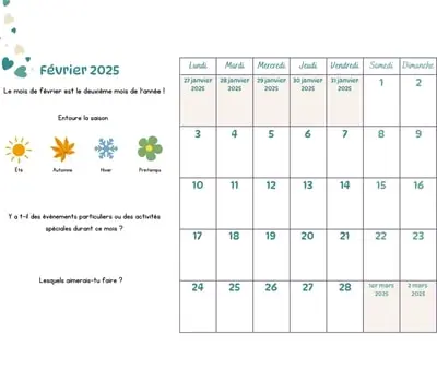 Calendrier du mois à imprimer - février 2025 Calendrier du mois à compléter avec les enfants - février 2025