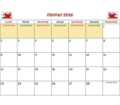 Calendrier du mois - février 2026 Calendrier du mois à imprimer - février 2026